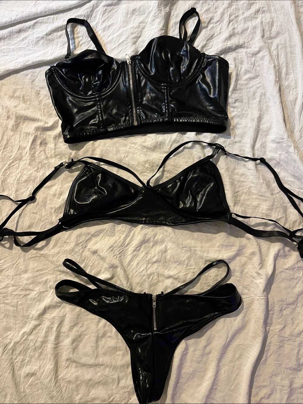 Black Faux Leather Three-Piece Women's Bikini Set